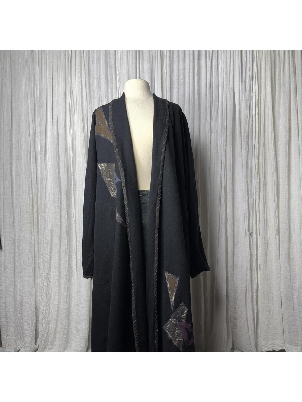 Vintage Indie Alternative Grunge Black Patchwork Wool Long Trench Coat (M)